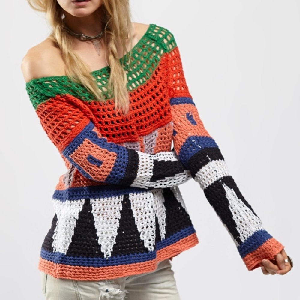 Free People Modern Art Geo Crochet Open Knit Flared Bell Sleeves Sweater Top M
